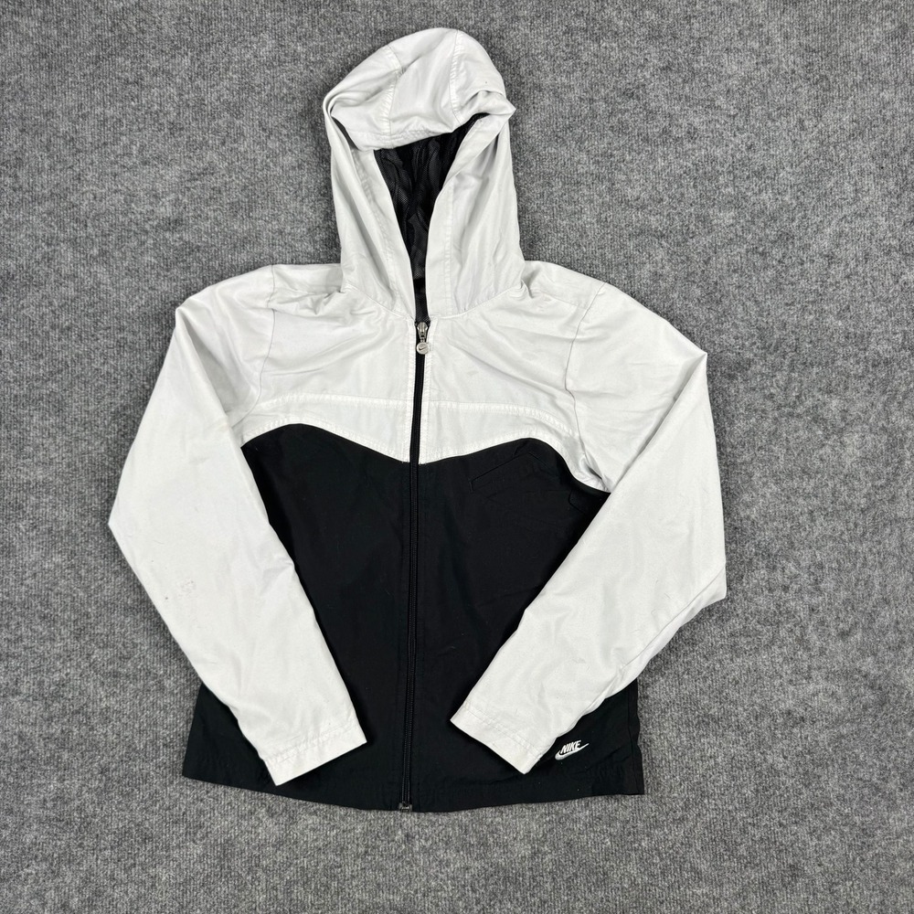 Nike Windbreaker Jacket Womens Size S Black White Colorblock Hooded Mesh Lined